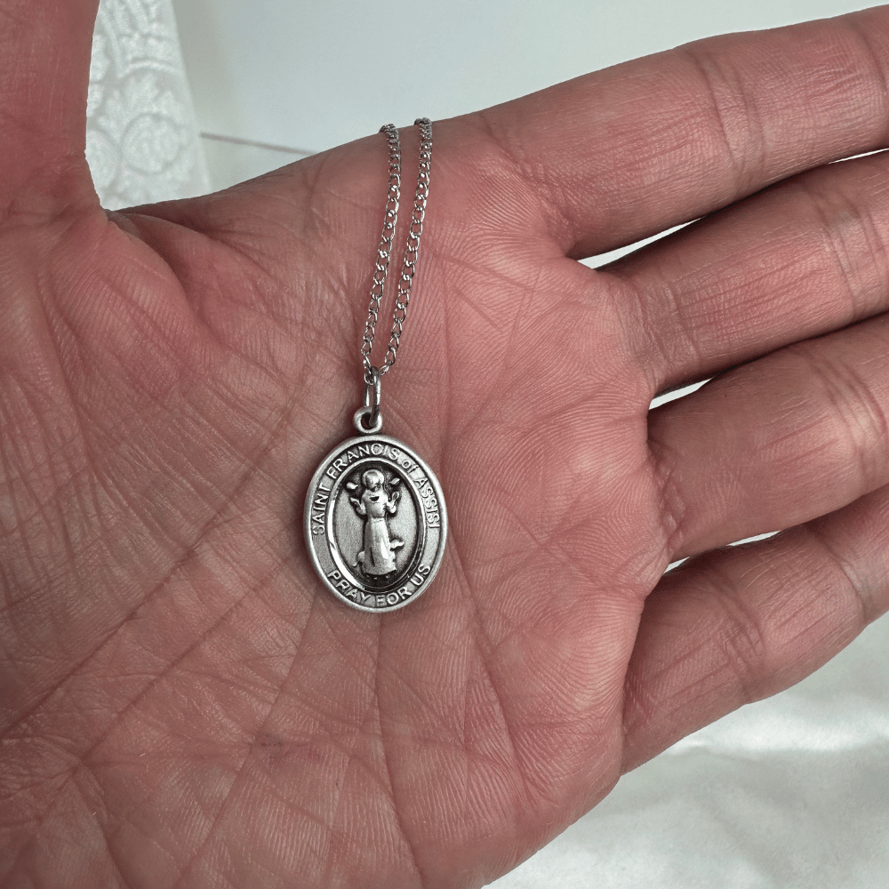 Sterling Silver St. Francis of Assisi Pendant with 18 inch Sterling Silver Light Curb Chain - Medium