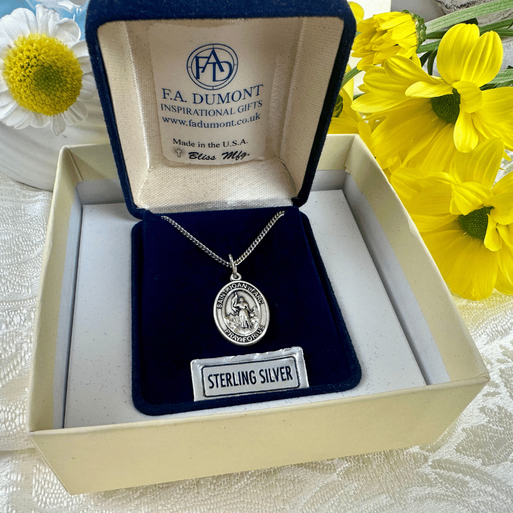 Sterling Silver St. Joan of Arc Pendant with 18 inch Sterling Silver Light Curb Chain - Medium
