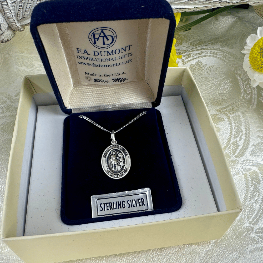 Sterling Silver St. Sebastian Pendant with 18 inch Sterling Silver Light Curb Chain - Medium