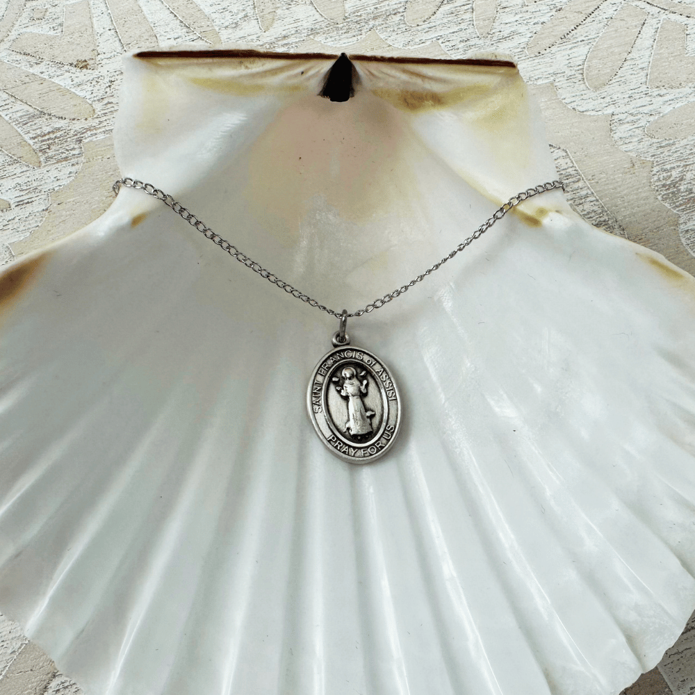 Sterling Silver St. Francis of Assisi Pendant with 18 inch Sterling Silver Light Curb Chain - Medium