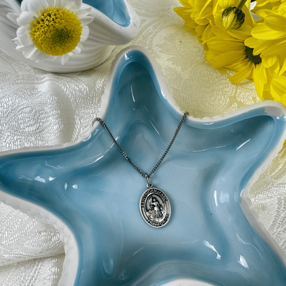 Sterling Silver St. Joan of Arc Pendant with 18 inch Sterling Silver Light Curb Chain - Medium
