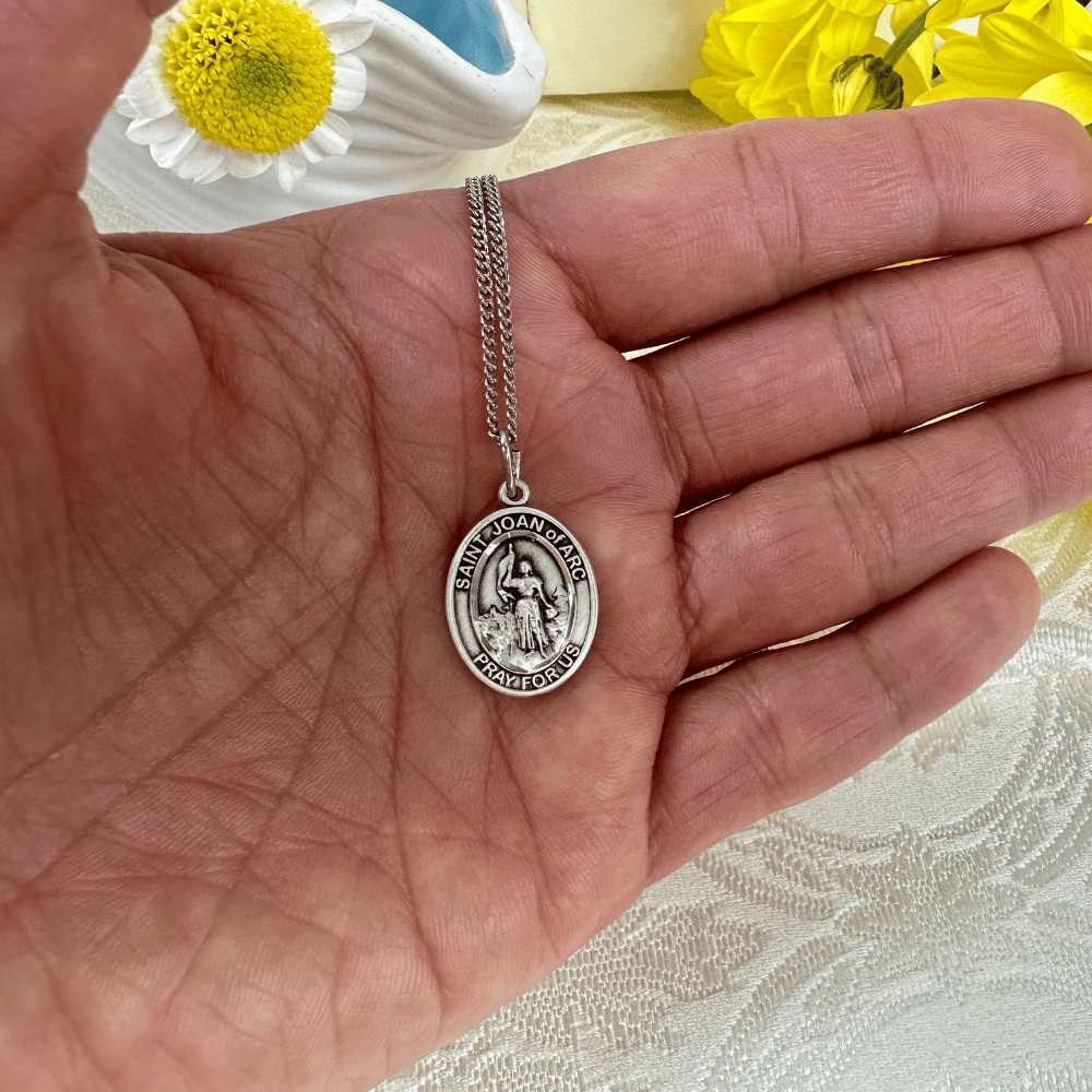 Sterling Silver St. Joan of Arc Pendant with 18 inch Sterling Silver Light Curb Chain - Medium