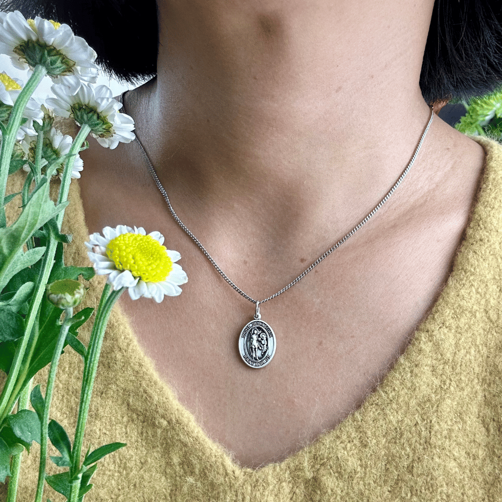 Sterling Silver St. Sebastian Pendant with 18 inch Sterling Silver Light Curb Chain - Medium