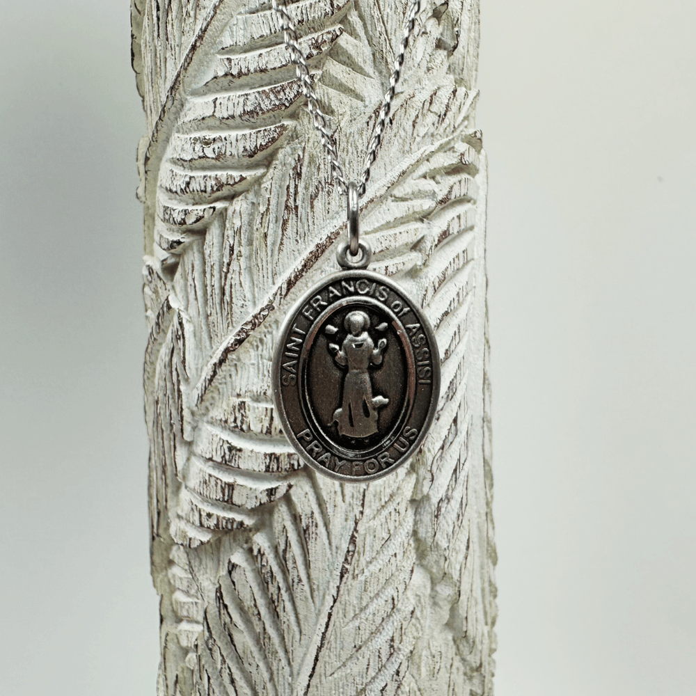 Sterling Silver St. Francis of Assisi Pendant with 18 inch Sterling Silver Light Curb Chain - Medium