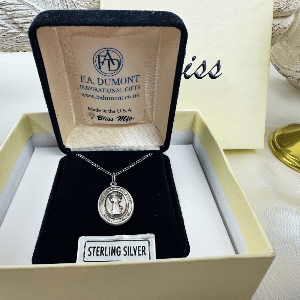 Sterling Silver St. Francis of Assisi Pendant with 18 inch Sterling Silver Light Curb Chain - Medium