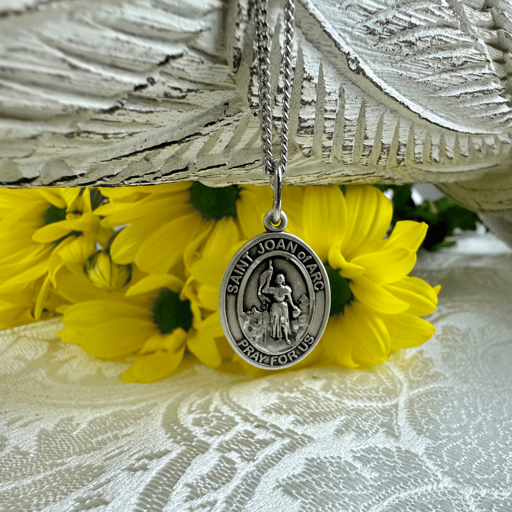 Sterling Silver St. Joan of Arc Pendant with 18 inch Sterling Silver Light Curb Chain - Medium