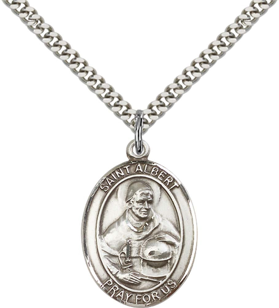 Pewter Saint Albert the Great Pendant on an 24-inch Light Rhodium Heavy Curb Chain