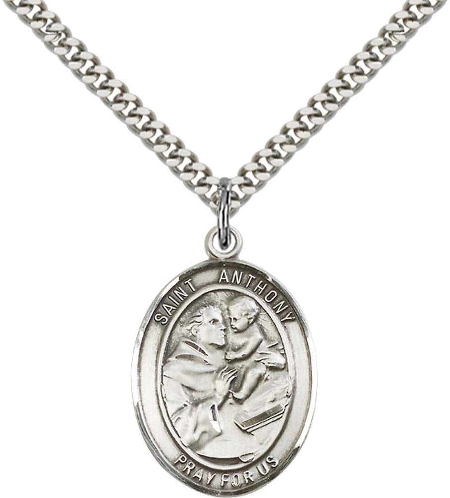 Pewter Saint Anthony of Padua Pendant on an 24-inch Light Rhodium Heavy Curb Chain