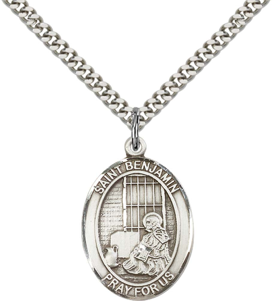 Pewter Saint Benjamin Pendant on an 24-inch Light Rhodium Heavy Curb Chain