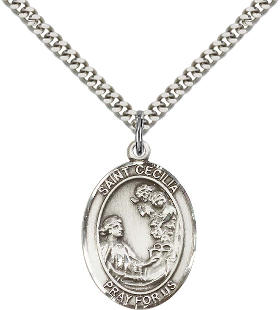 Pewter Saint Cecilia Pendant on an 24-inch Light Rhodium Heavy Curb Chain
