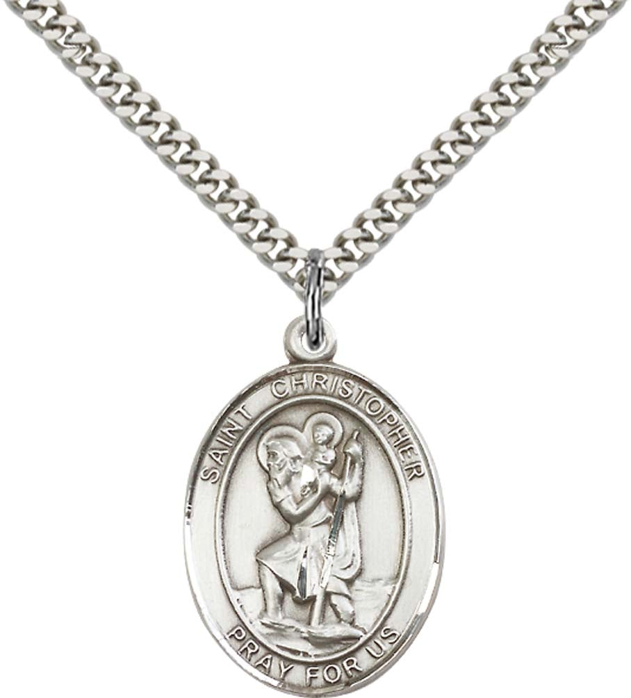 Pewter Saint Christopher Navy Pendant on an 24-inch Light Rhodium Heavy Curb Chain