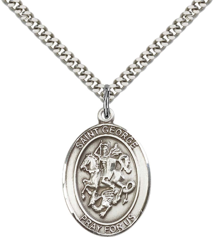 Pewter Saint George Paratrooper Pendant on an 24-inch Light Rhodium Heavy Curb Chain
