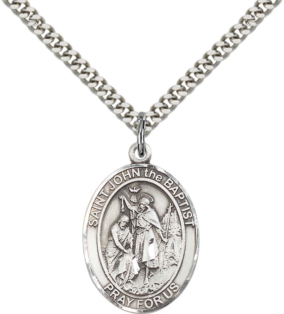 Pewter Saint John the Baptist Pendant on an 24-inch Light Rhodium Heavy Curb Chain