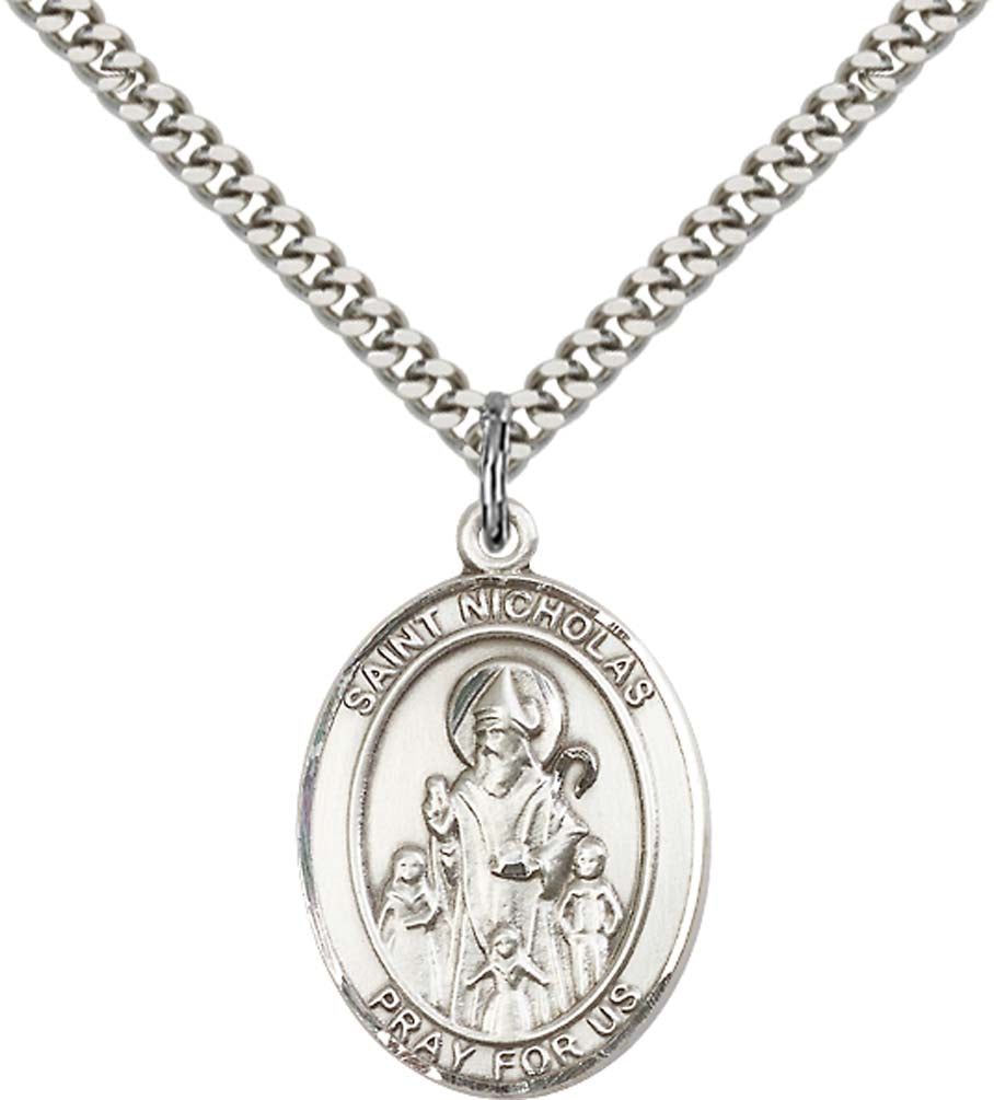 Pewter Saint Nicholas Pendant on an 24-inch Light Rhodium Heavy Curb Chain