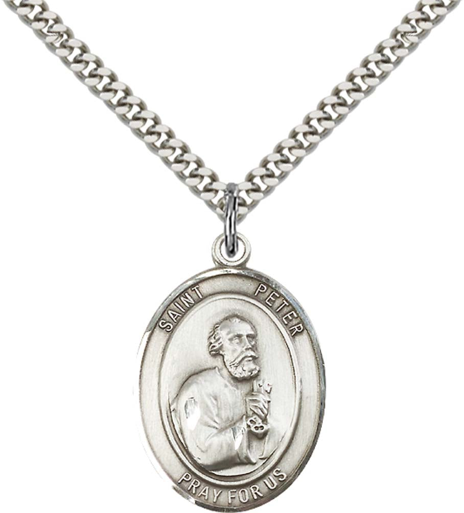 Pewter Saint Peter the Apostle Pendant on an 24-inch Light Rhodium Heavy Curb Chain