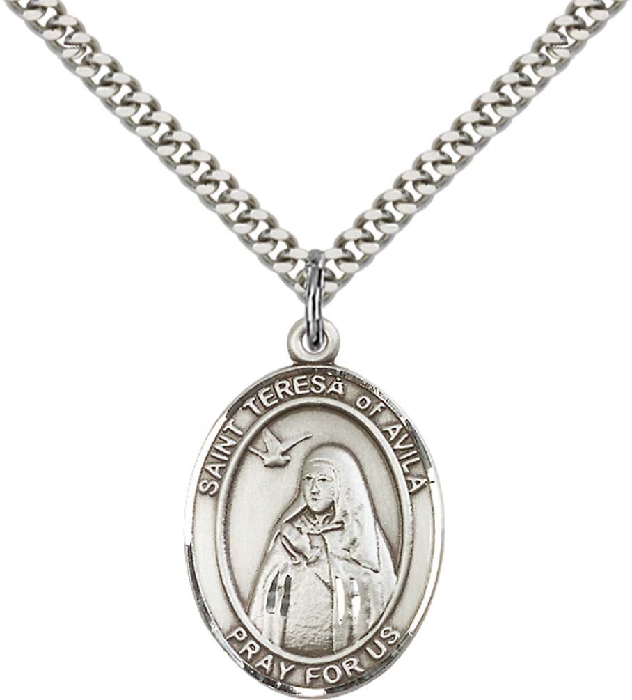 Pewter Saint Teresa of Avila Pendant on an 24-inch Light Rhodium Heavy Curb Chain