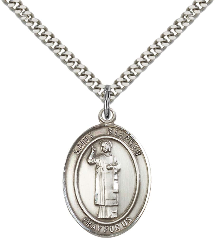 Pewter Saint Stephen the Martyr Pendant on an 24-inch Light Rhodium Heavy Curb Chain