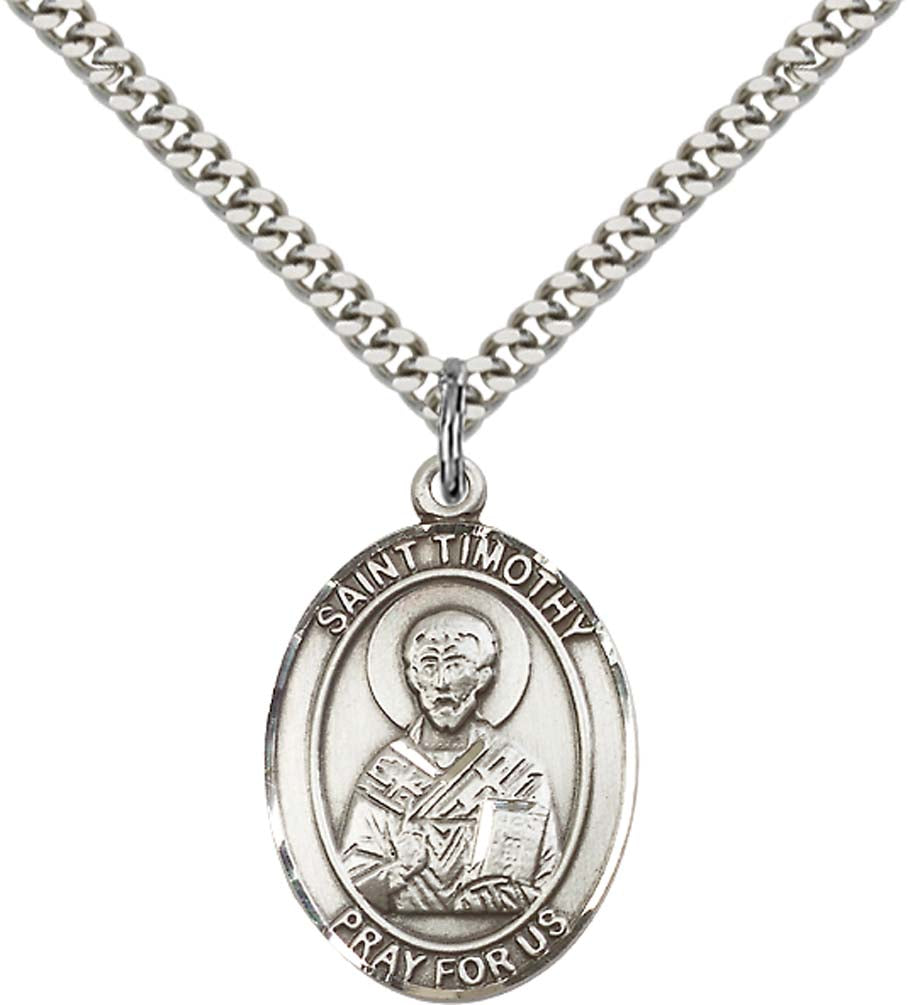Pewter Saint Timothy Pendant on an 24-inch Light Rhodium Heavy Curb Chain