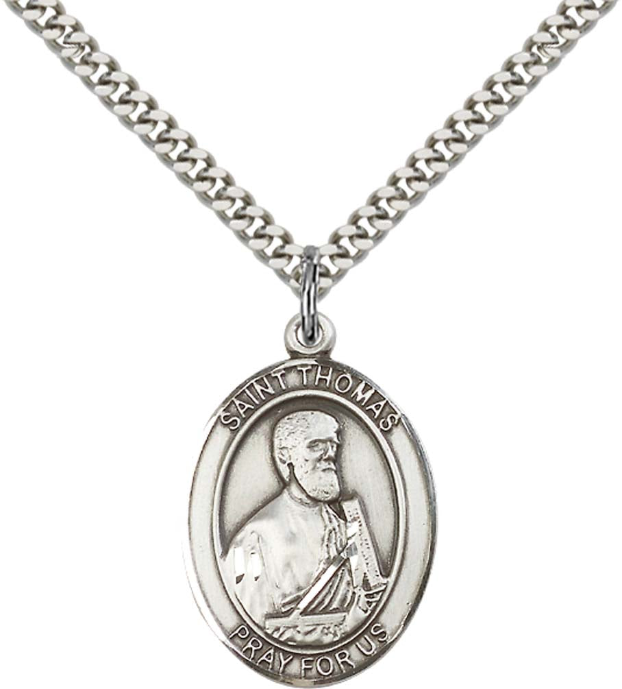 Pewter Saint Thomas the Apostle Pendant on an 24-inch Light Rhodium Heavy Curb Chain