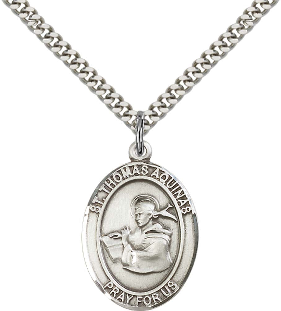Pewter Saint Thomas Aquinas Pendant on an 24-inch Light Rhodium Heavy Curb Chain