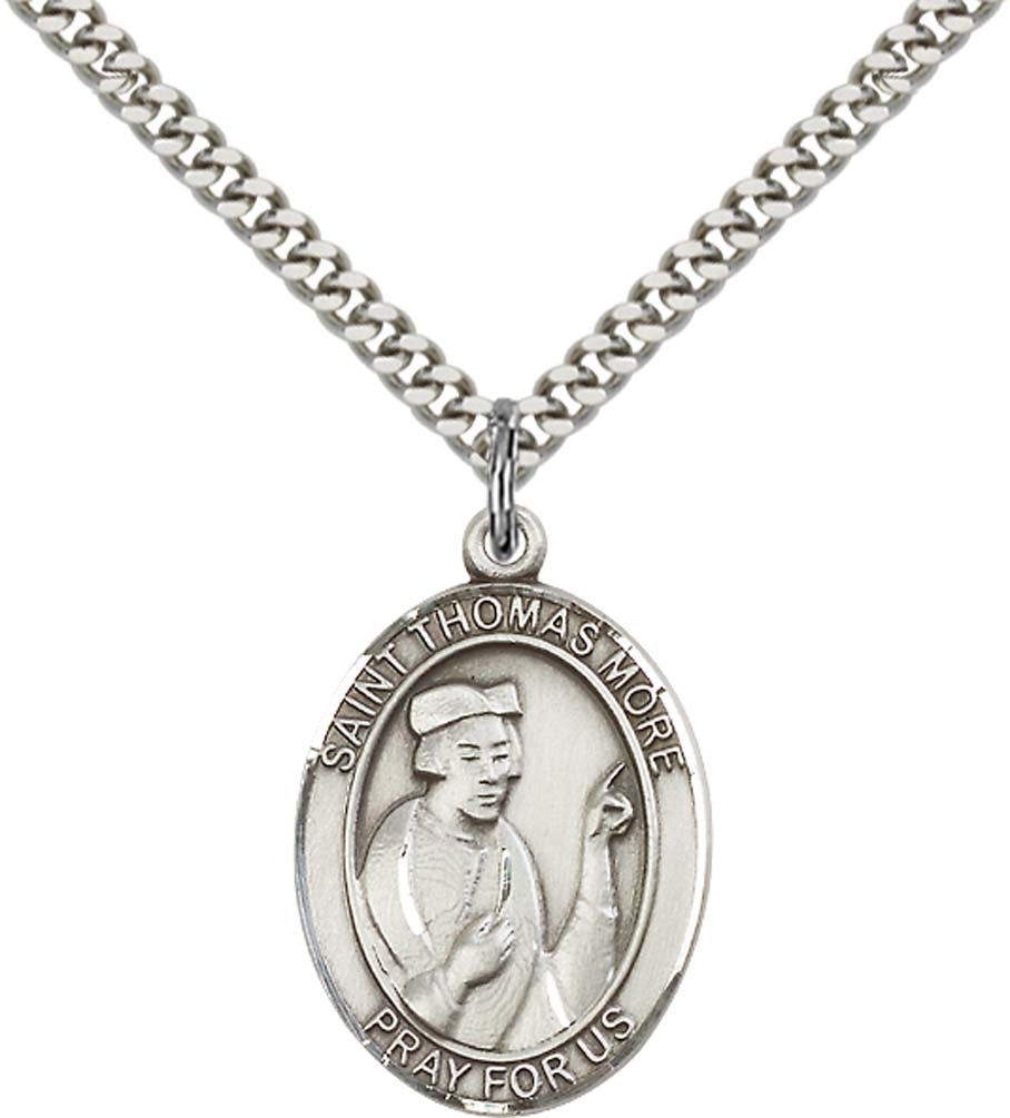 Pewter Saint Thomas More Pendant on an 24-inch Light Rhodium Heavy Curb Chain