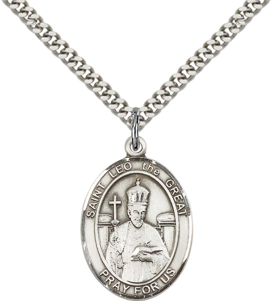 Pewter Saint Leo the Great Pendant on an 24-inch Light Rhodium Heavy Curb Chain