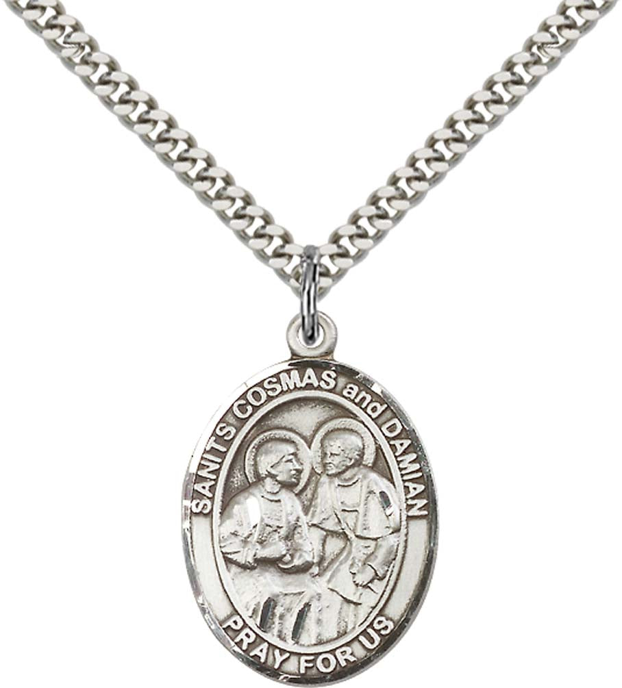 Pewter Saints Cosmas & Damian Pendant on an 24-inch Light Rhodium Heavy Curb Chain