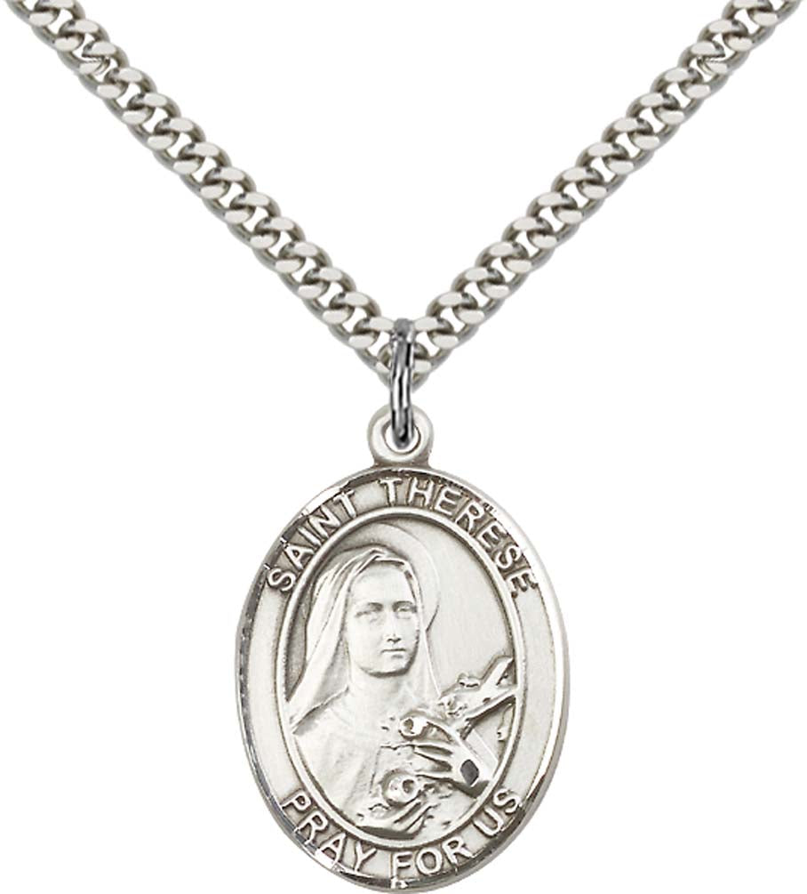 Pewter Saint Therese of Lisieux Pendant on an 24-inch Light Rhodium Heavy Curb Chain
