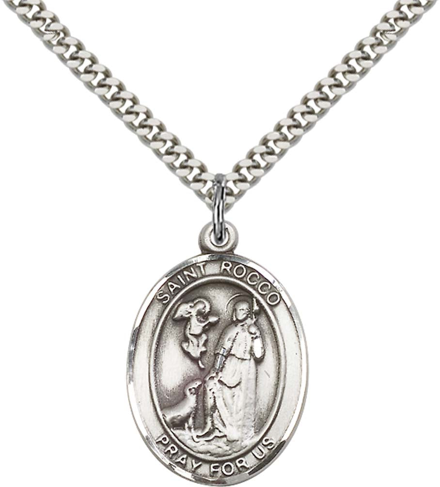 Pewter Saint Rocco Pendant on an 24-inch Light Rhodium Heavy Curb Chain