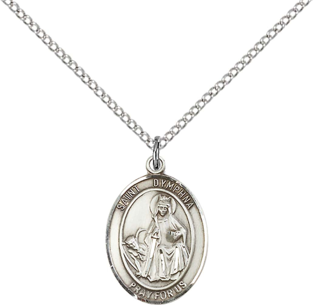 Pewter Saint Dymphna Pendant on an 18-inch Light Rhodium Light Curb Chain