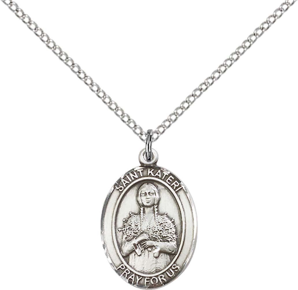 Pewter Saint Kateri Pendant on an 18-inch Light Rhodium Light Curb Chain