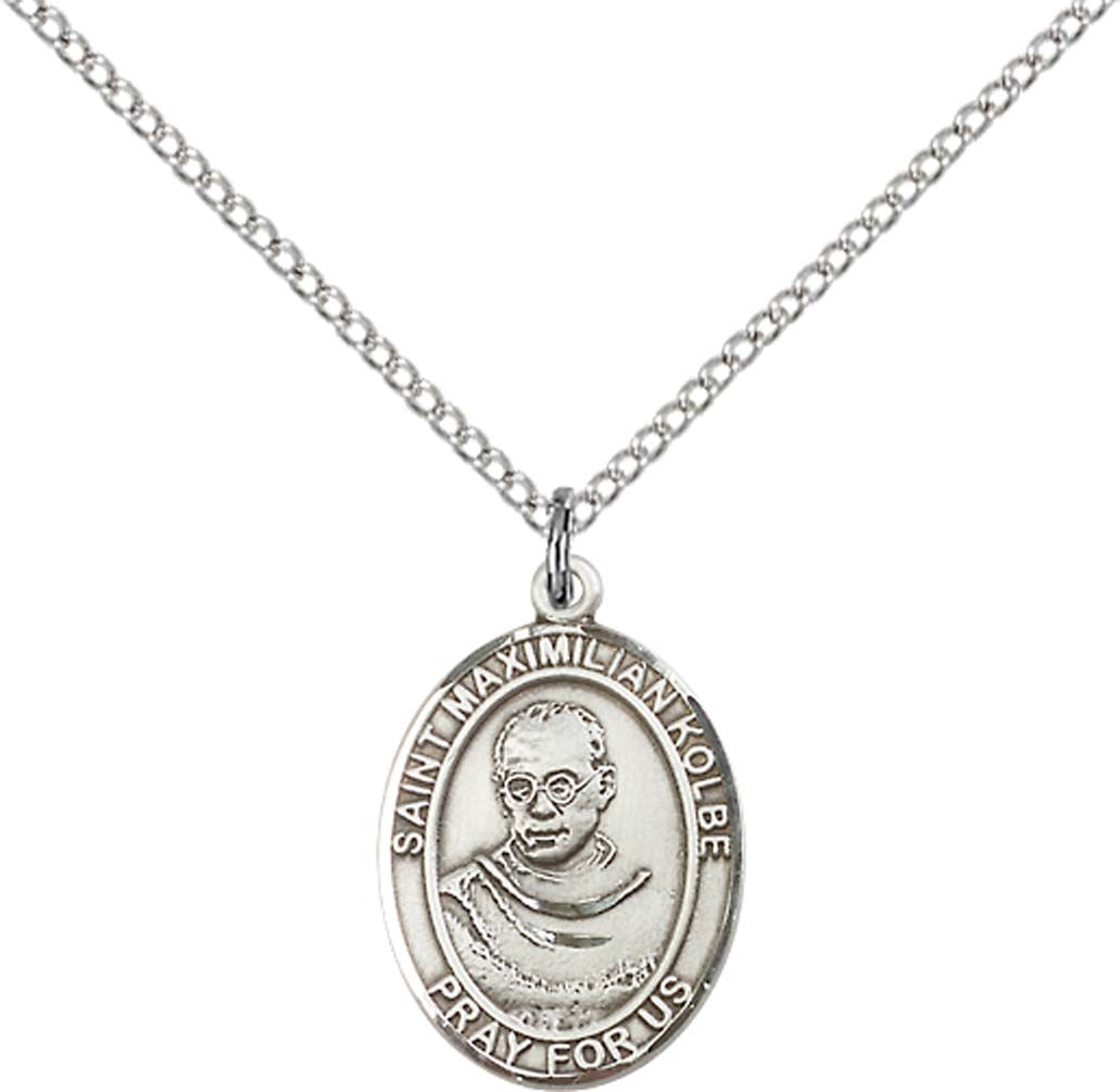 Pewter Saint Maximilian Kolbe Pendant on an 18-inch Light Rhodium Light Curb Chain