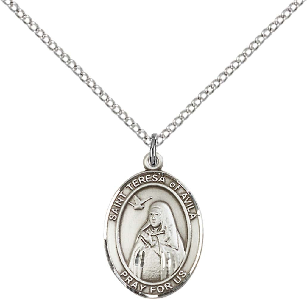 Pewter Saint Teresa of Avila Pendant on an 18-inch Light Rhodium Light Curb Chain
