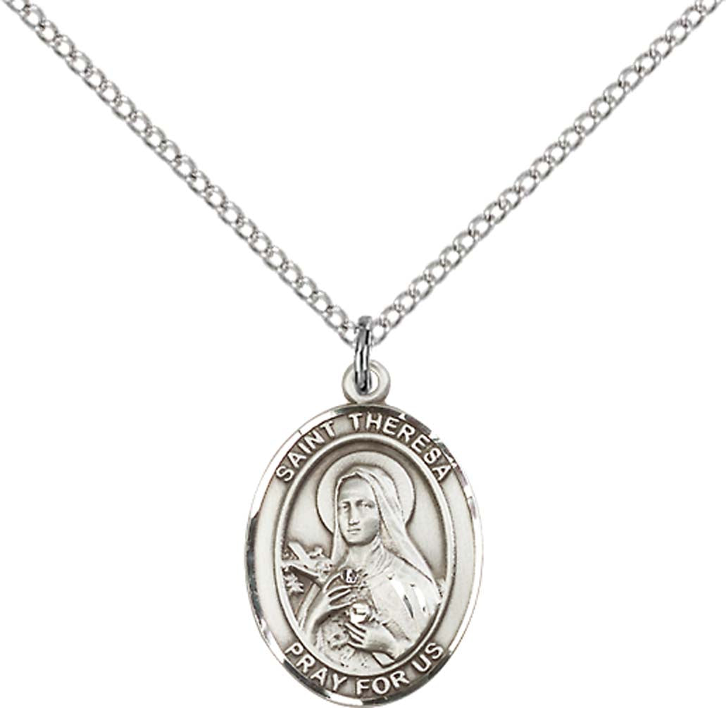 Pewter Saint Theresa Pendant on an 18-inch Light Rhodium Light Curb Chain
