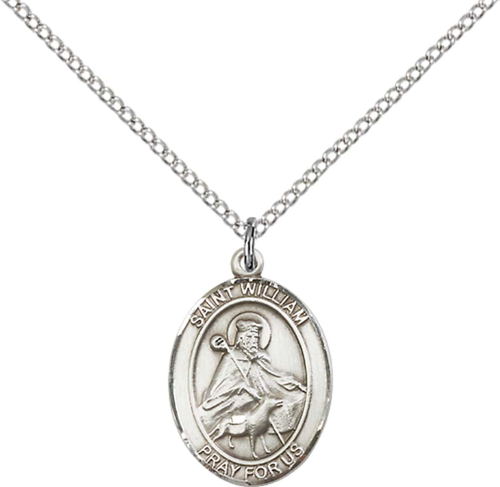 Pewter Saint William of Rochester Pendant on an 18-inch Light Rhodium Light Curb Chain