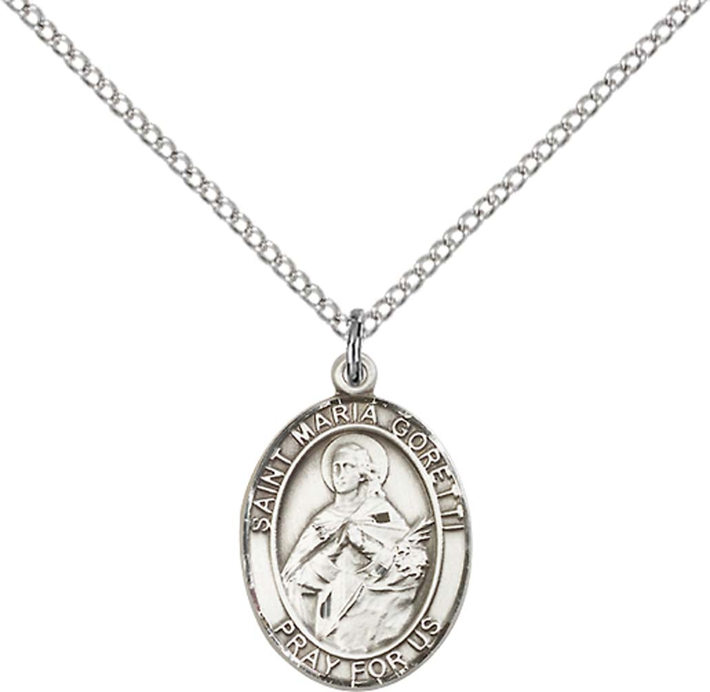 Pewter Saint Maria Goretti Pendant on an 18-inch Light Rhodium Light Curb Chain