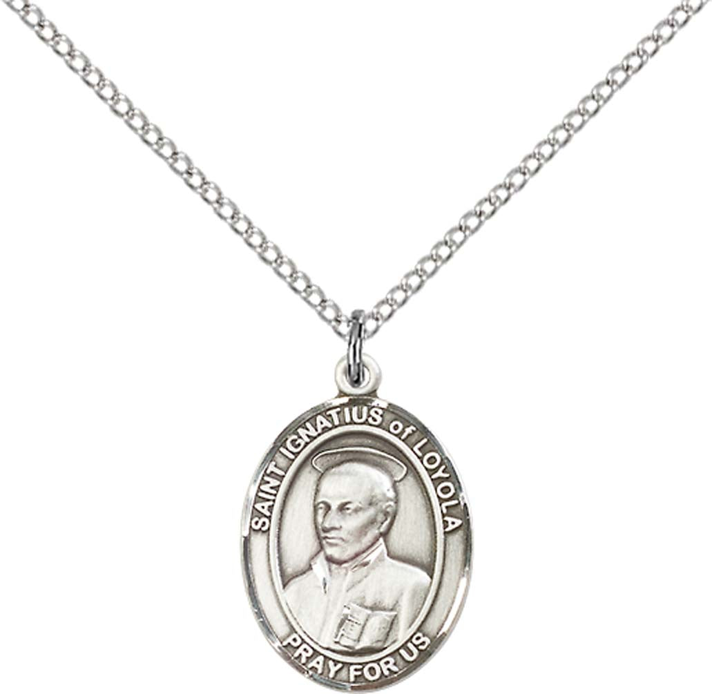 Pewter Saint Ignatius of Loyola Pendant on an 18-inch Light Rhodium Light Curb Chain