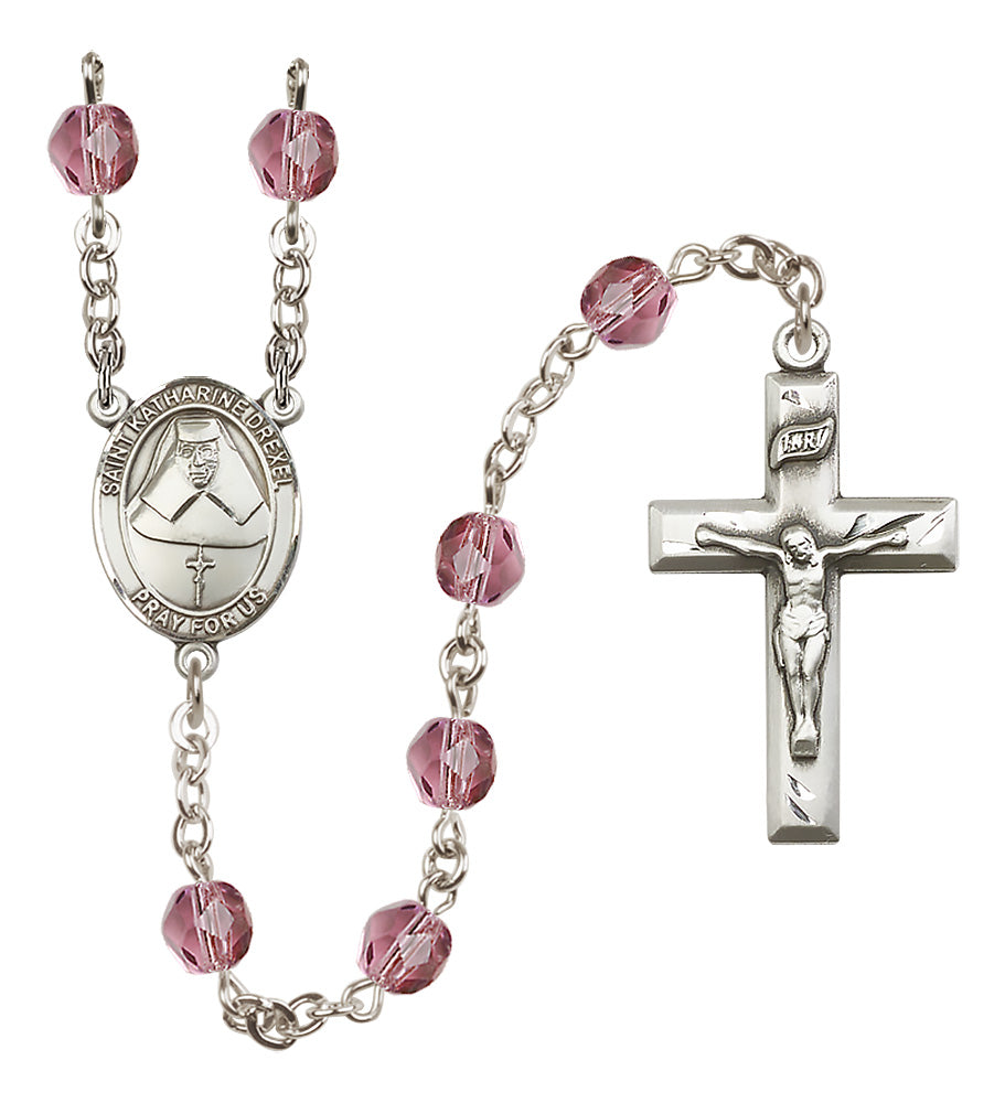 St. Katharine Drexel Rosary - 6mm Amethyst Fire Polished beads - 8015