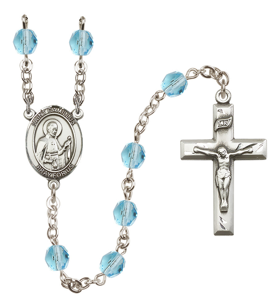 St. Camillus of Lellis Rosary - 6mm Aqua Fire Polished beads - 8019