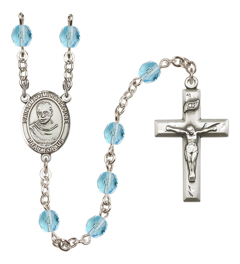 St. Maximilian Kolbe Rosary - 6mm Aqua Fire Polished beads - 8073
