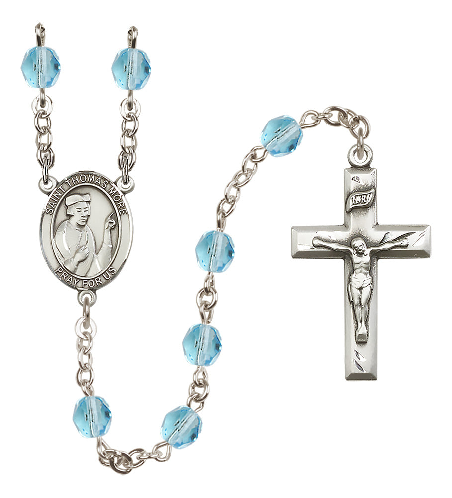 St. Thomas More Rosary - 6mm Aqua Fire Polished beads - 8109