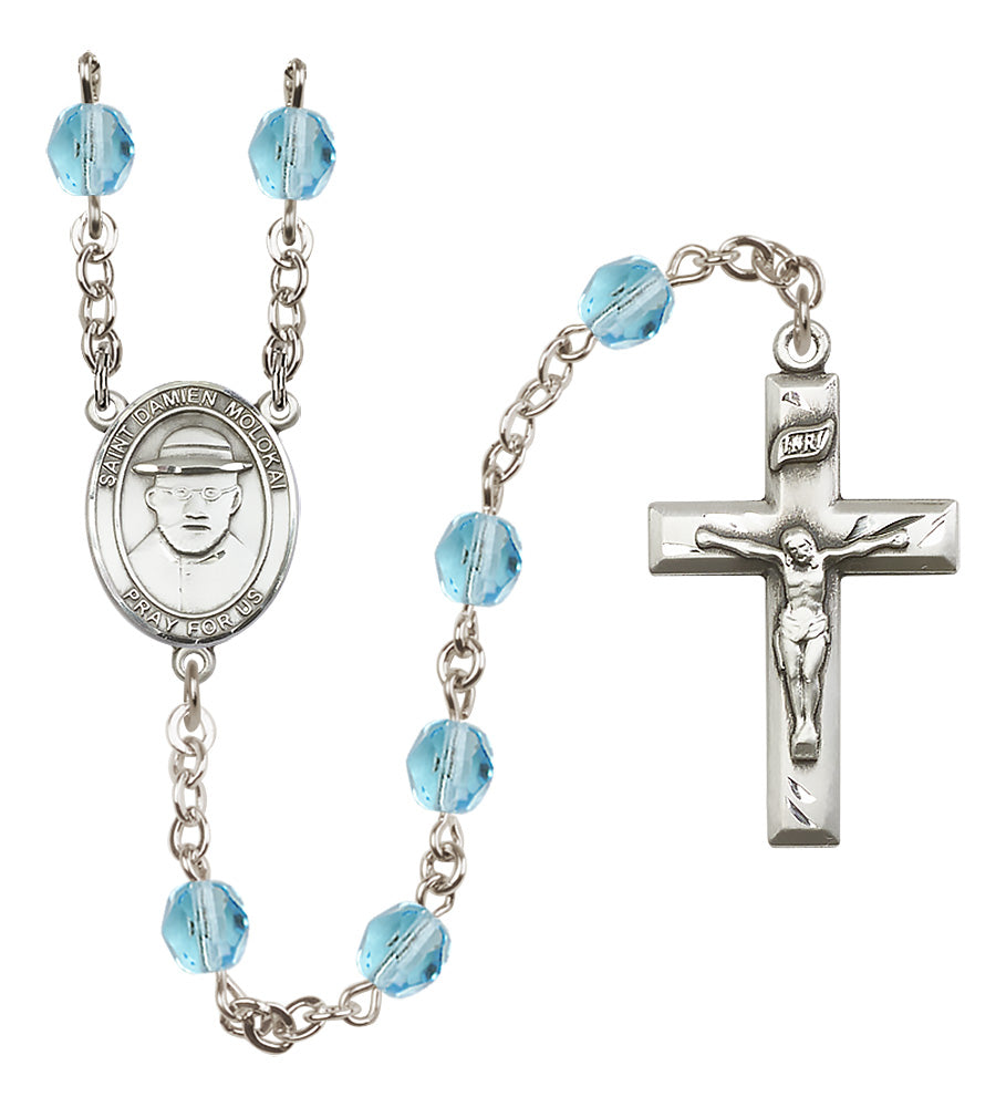 St. Damien of Molokai Rosary - 6mm Aqua Fire Polished beads - 8412