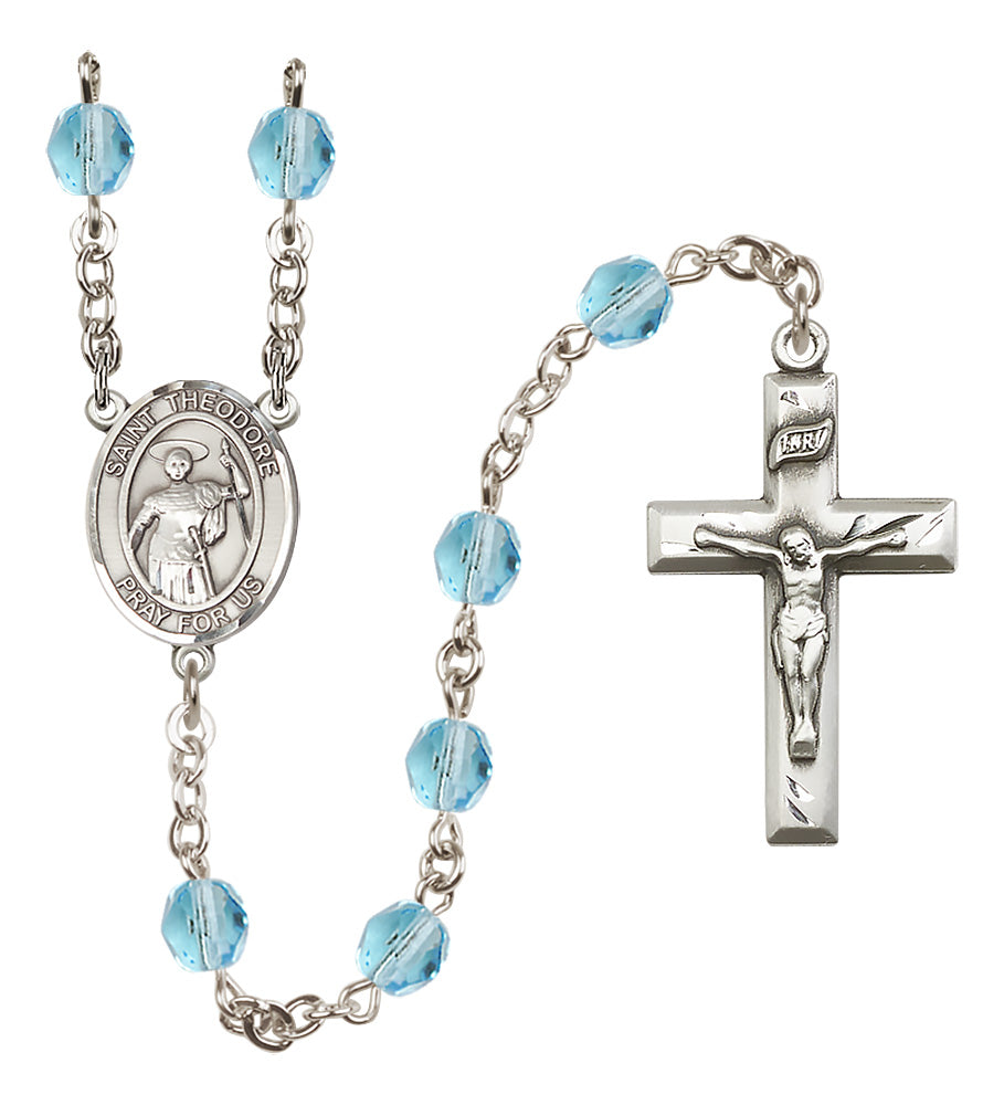 St. Theodore Stratelates Rosary - 6mm Aqua Fire Polished beads - 8415