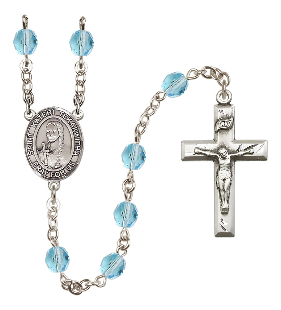 St. Kateri Tekakwitha Rosary - 6mm Aqua Fire Polished beads - 8438