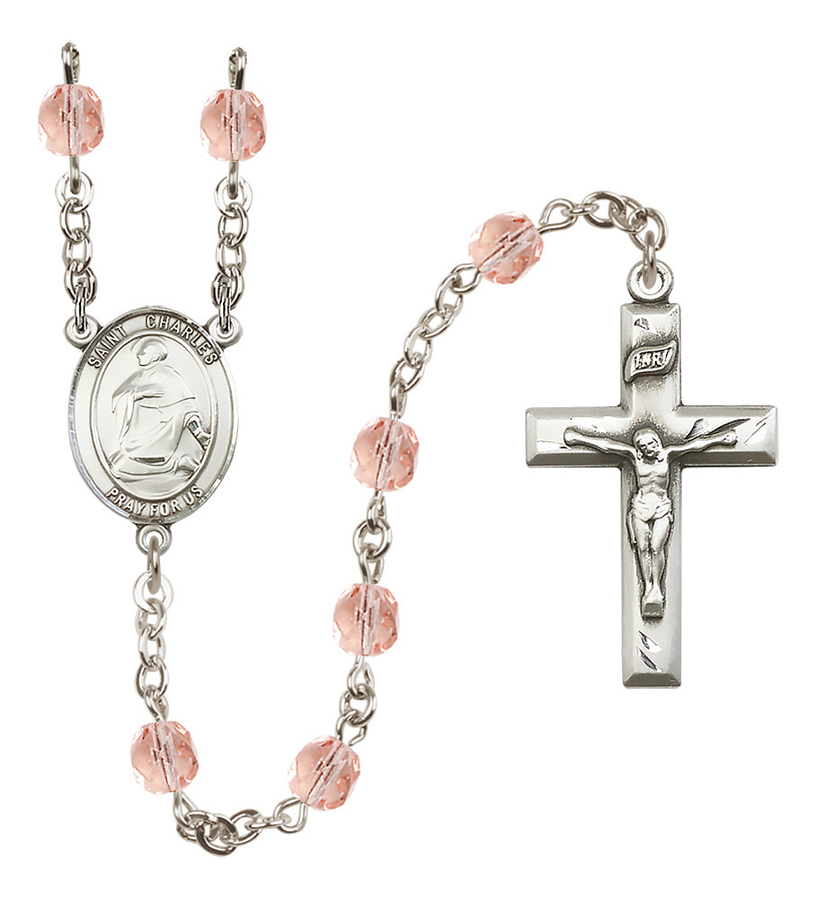 St. Charles Borromeo Rosary - 6mm Pink Fire Polished beads - 8020