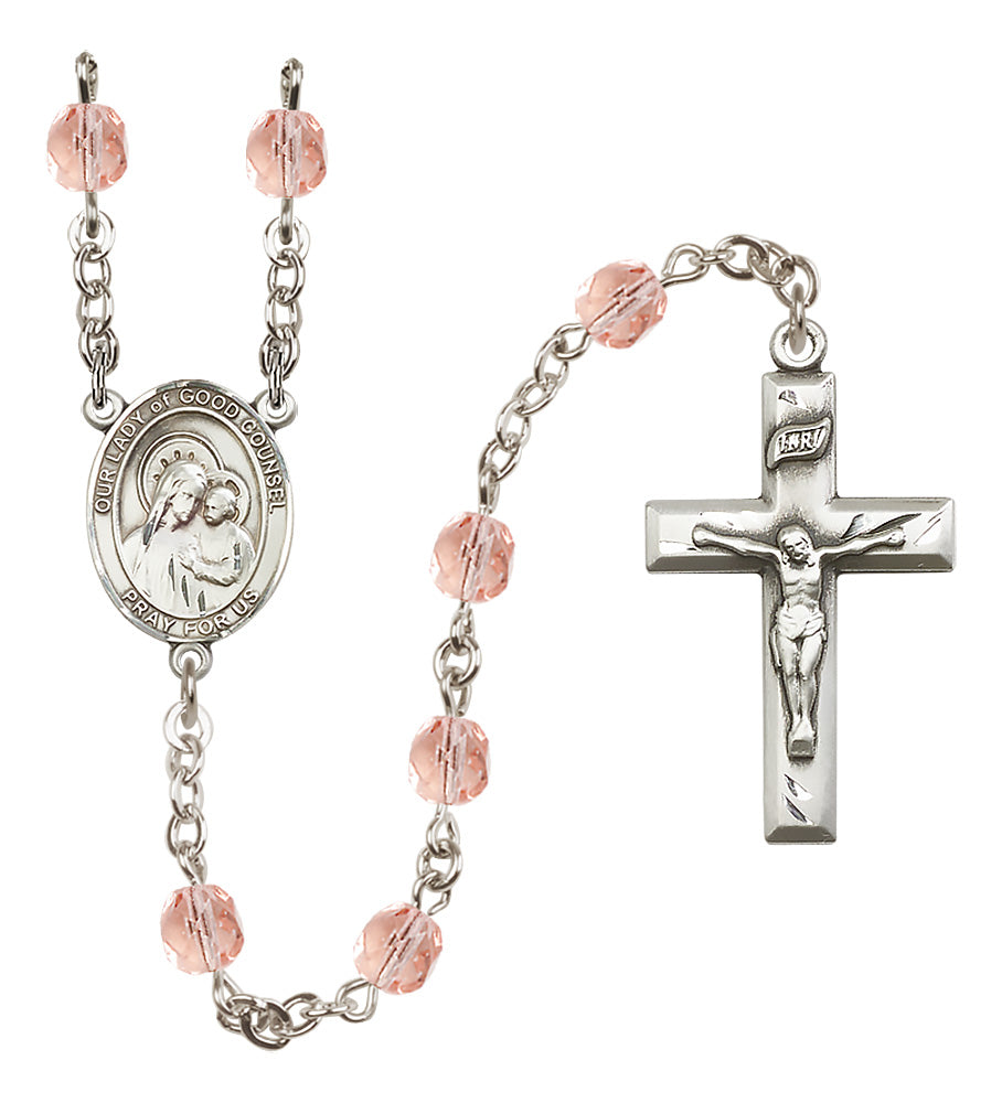 O/L of Good Counsel Rosary - 6mm Pink Fire Polished beads - 8287