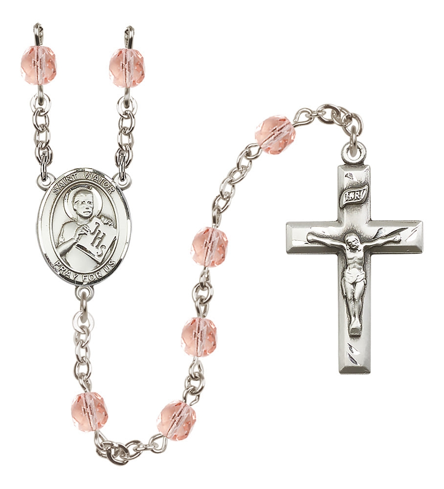 St. Viator of Bergamo Rosary - 6mm Pink Fire Polished beads - 8408
