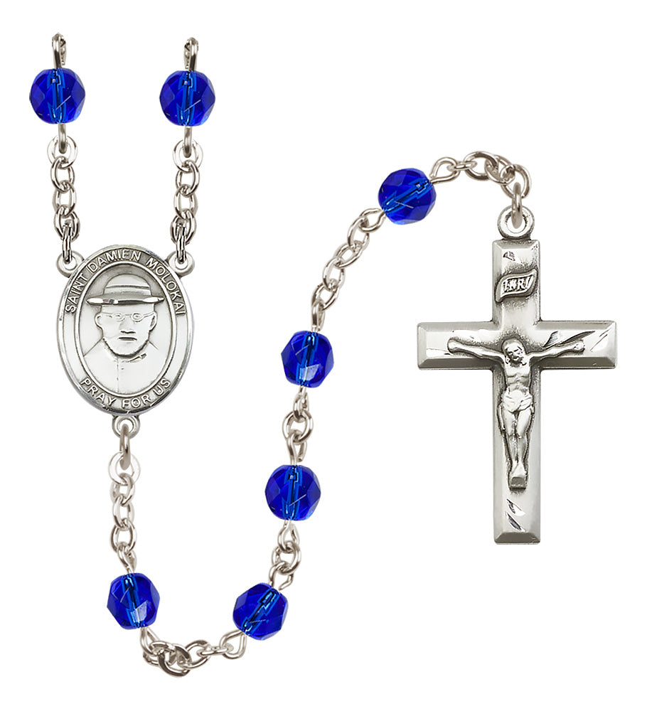 St. Damien of Molokai Rosary - 6mm Sapphire Fire Polished beads - 8412