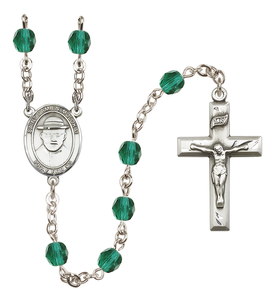 St. Damien of Molokai Rosary - 6mm Zircon Fire Polished beads - 8412