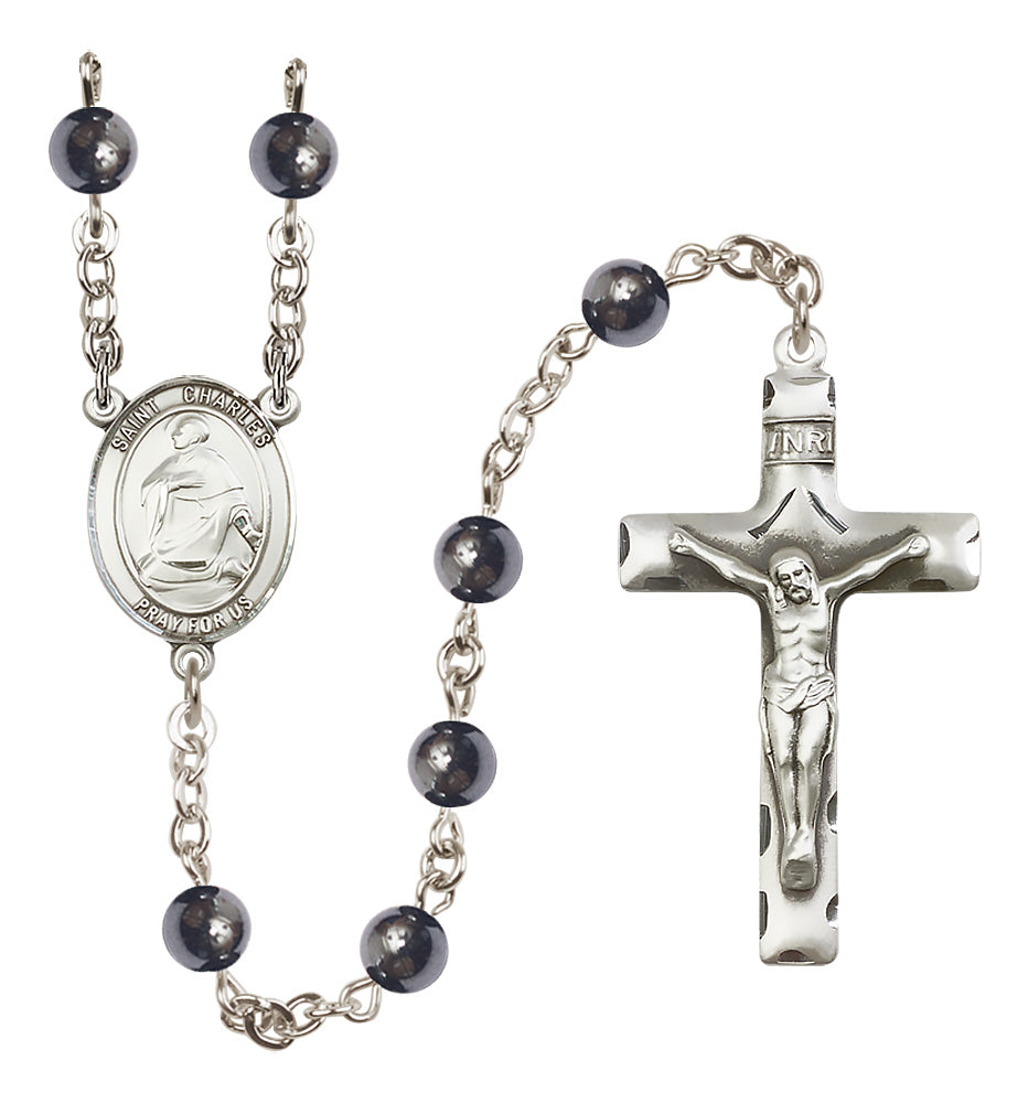St. Charles Borromeo Rosary - 6mm Hematite beads - 8020